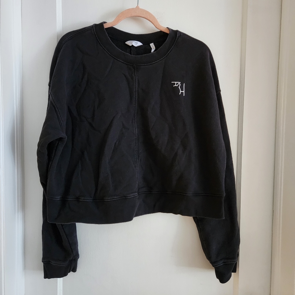 Black Peleton Cropped Crew Neck Cotton Sweater